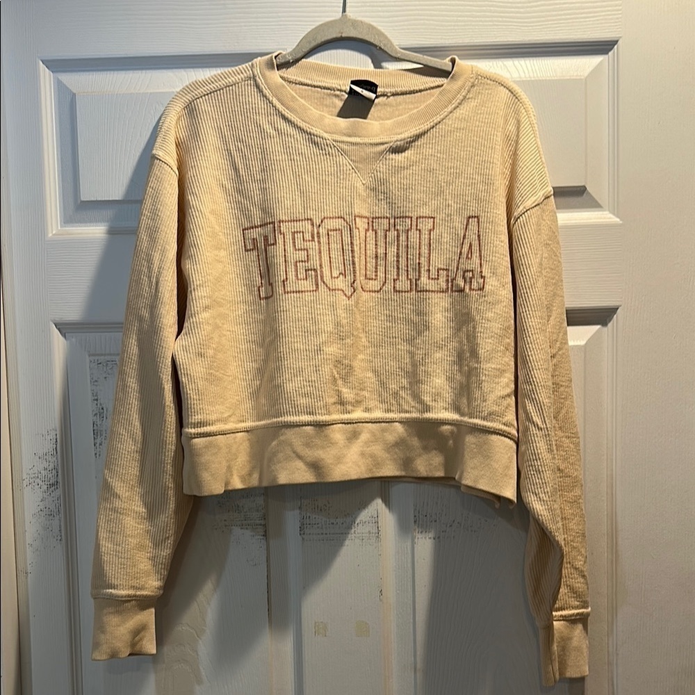 Chicka-D Tequila Tan Corded Boxy Crop Sweatshirt Top S